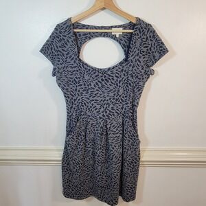 Deletta Anthropologie Gray Navy Blue Floral Print Dress Open Back Women's Medium